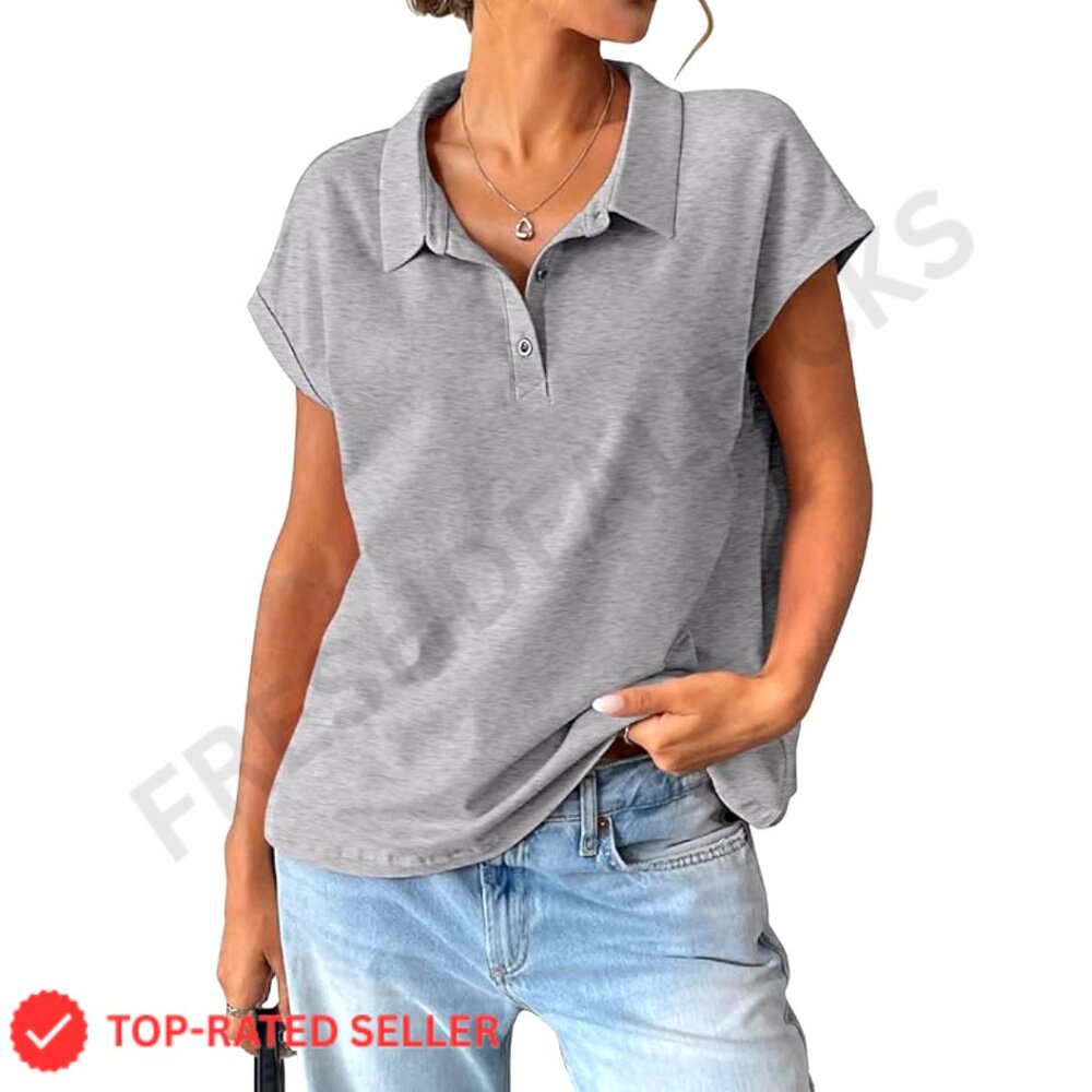 Oversized Henley Polo Shirt Cotton Cap Sleeve Loose Fit Summer Top